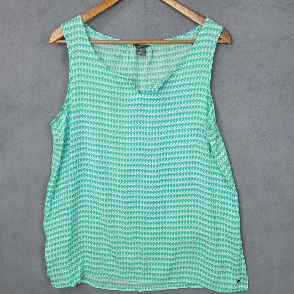 Eddie Bauer Tank Top Women's Large Green White Geometric 100% Rayon Split‎ Neck